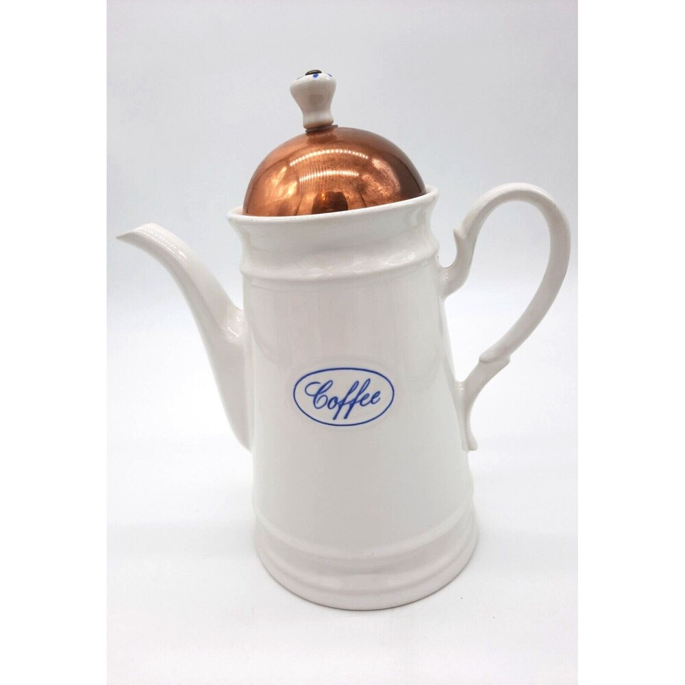 Vintage Ceramic Portugal 6-cup White 9.5" Coffee Pot with Copper Lid